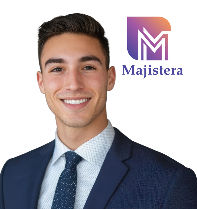 Young professional man in a navy suit and tie smiling confidently against a black background, accompanied by the purple-gradient Majistera logo and wordmark.